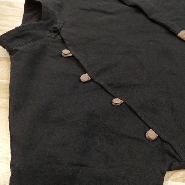 Women Autumn Black Vintage Shirts Linen Stand Long Sleeve Button Blouses - Omychic