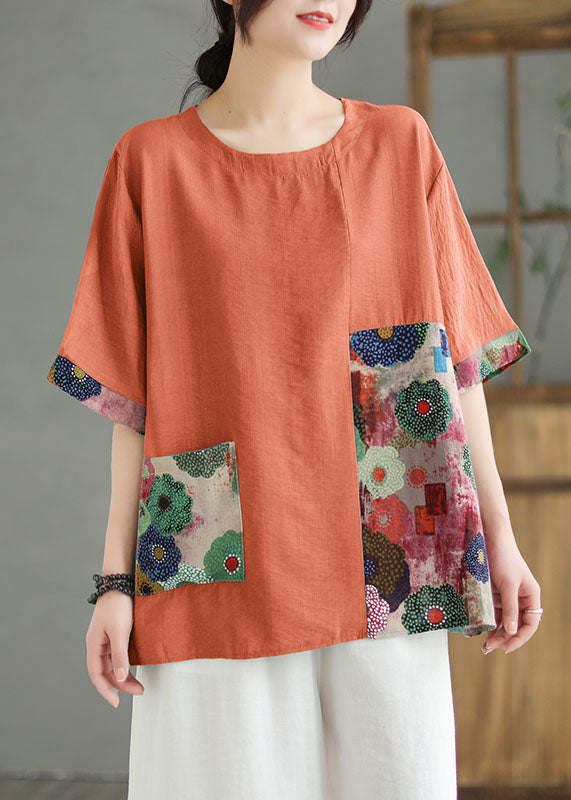 Women Orange O Neck Print Patchwork Linen T Shirt