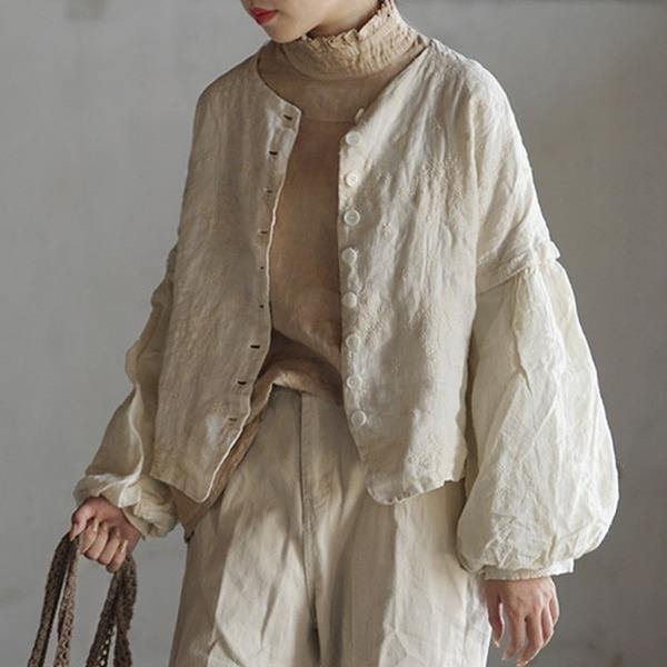 Cotton Linen Retro Embroidery O-neck Lantern Sleeve Coat 2020 Jacket - Omychic