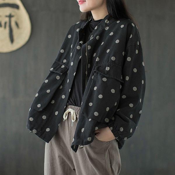 New All-match Retro Polka Dot Zipper Long Sleeve Coats Loose  Coat - Omychic