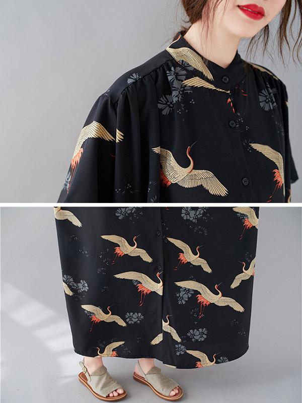 Women Summer Printed Stand Collar Shirt Dress