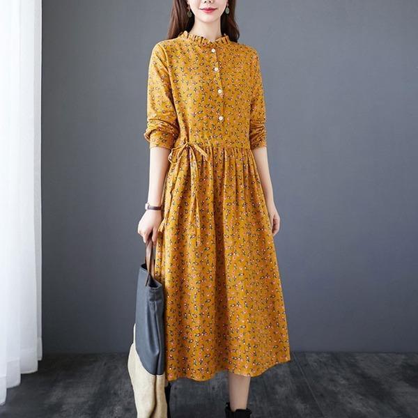 Arts Style Stand Collar Elegant A-line Female Cotton Linen Dresses - Omychic
