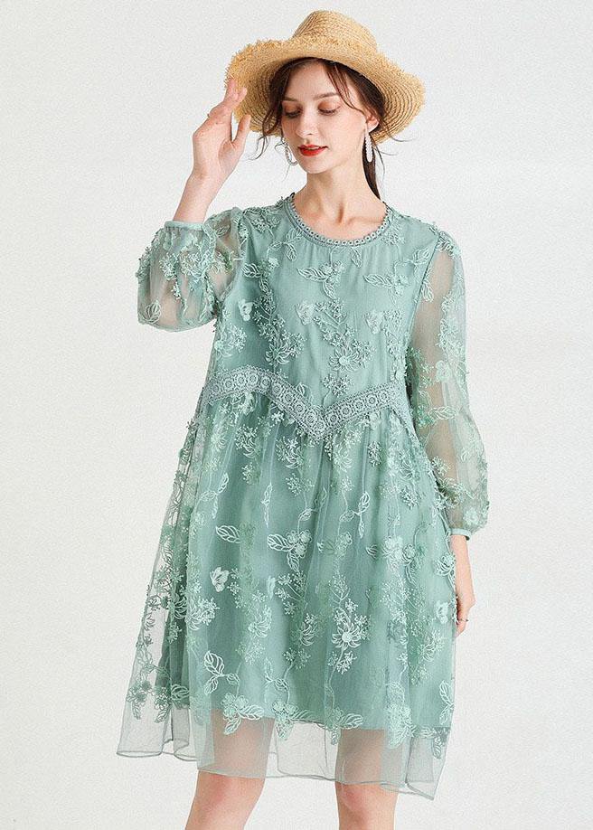 Chic Green O-Neck Tulle A Line Fall Lace Long Sleeve Mid Dress