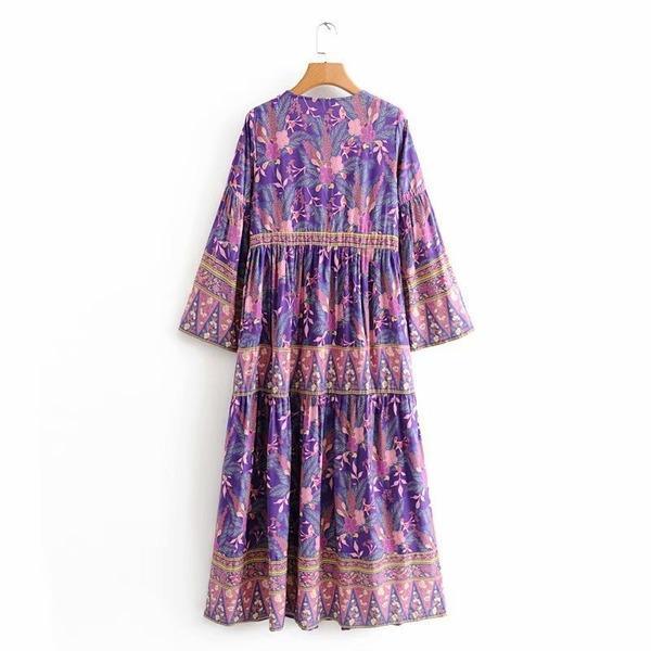 Loose Autumn Spring V Neck Bohemian Dress Ladies Printed Loose Dress - Omychic