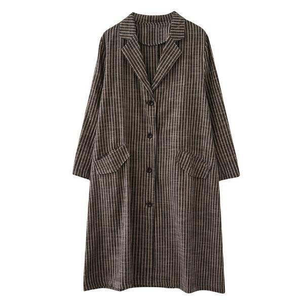 plus size cotton linen vintage stripe casual loose long autumn spring trench coat - Omychic