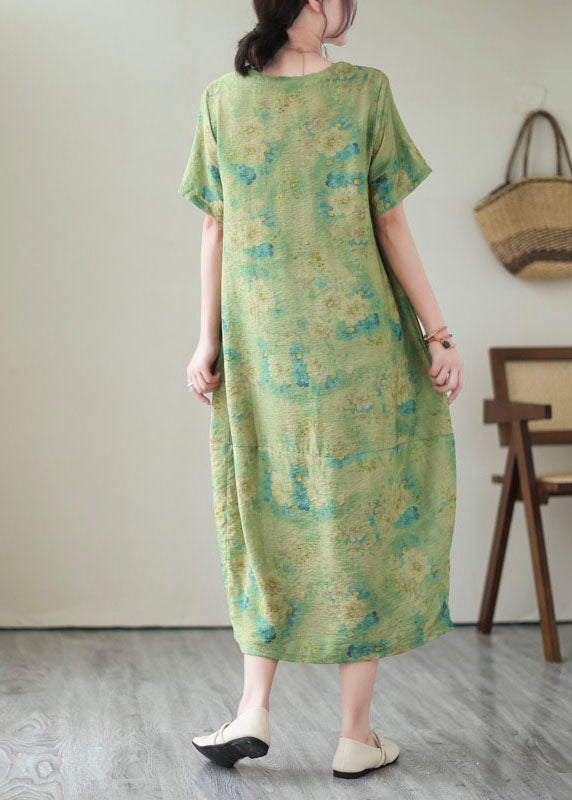 Vintage Green V Neck Print Patchwork Long Cotton Dress Summer