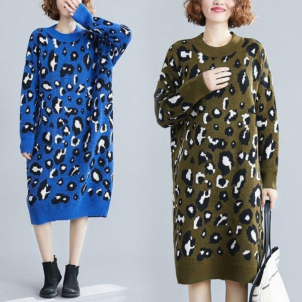 long sleeve plus size knitted leopard women casual loose midi autumn winter sweater elegant dress clothes - Omychic