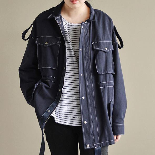 dark blue coat oversize cotton Coat New casual jackets pockets - Omychic