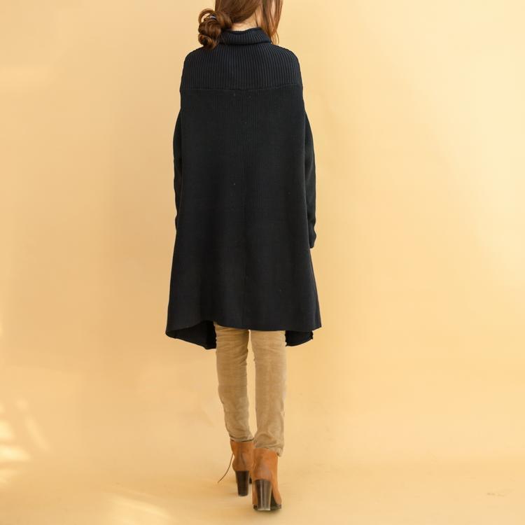 dark blue cotton sweater dress turtle neck long knit sweaters knitted dresses - Omychic
