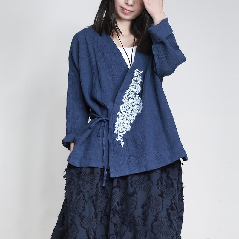 dark blue fall embroidery linen tops vintage plus size short coat - Omychic
