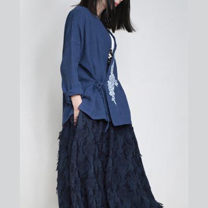 dark blue fall embroidery linen tops vintage plus size short coat - Omychic