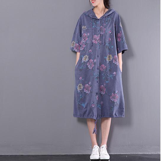 dark blue print cotton dress vintage plus size casual dresses hooded half sleeve clothes - Omychic