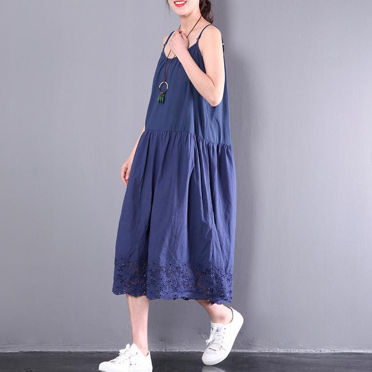dark blue sleeveless maxi dress o neck women sundresses plus size cotton traveling dresses - Omychic