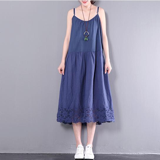 dark blue sleeveless maxi dress o neck women sundresses plus size cotton traveling dresses - Omychic