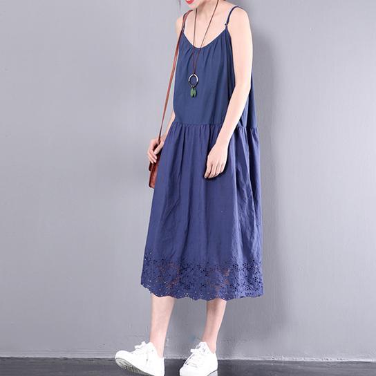 dark blue sleeveless maxi dress o neck women sundresses plus size cotton traveling dresses - Omychic