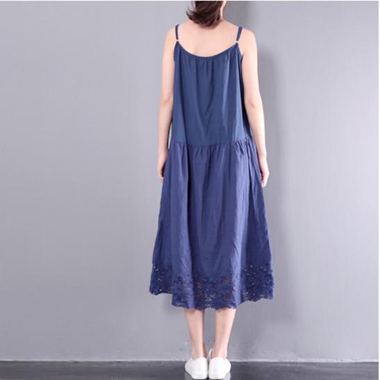 dark blue sleeveless maxi dress o neck women sundresses plus size cotton traveling dresses - Omychic
