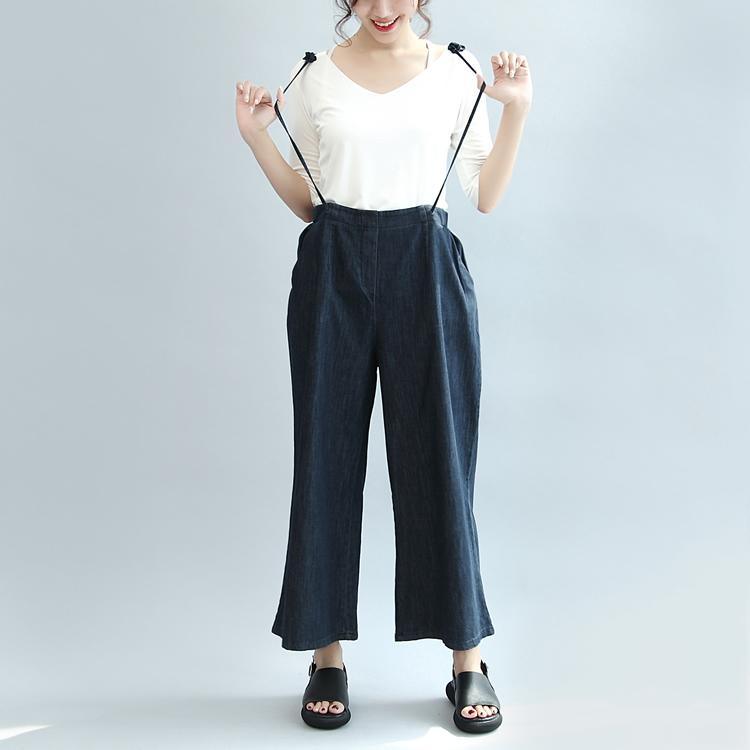 dark blue stylish linen pants plus size casual straight pants - Omychic