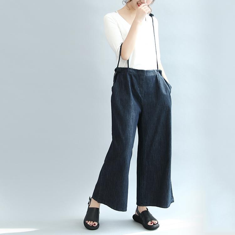 dark blue stylish linen pants plus size casual straight pants - Omychic
