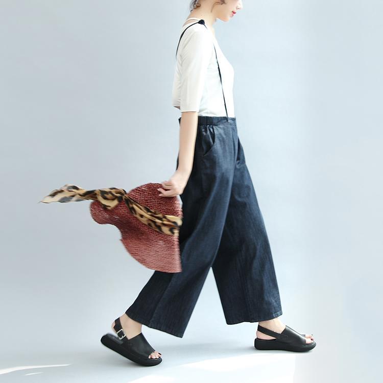 dark blue stylish linen pants plus size casual straight pants - Omychic