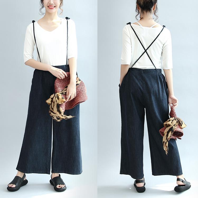 dark blue stylish linen pants plus size casual straight pants - Omychic