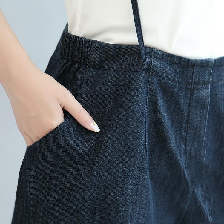 dark blue stylish linen pants plus size casual straight pants - Omychic