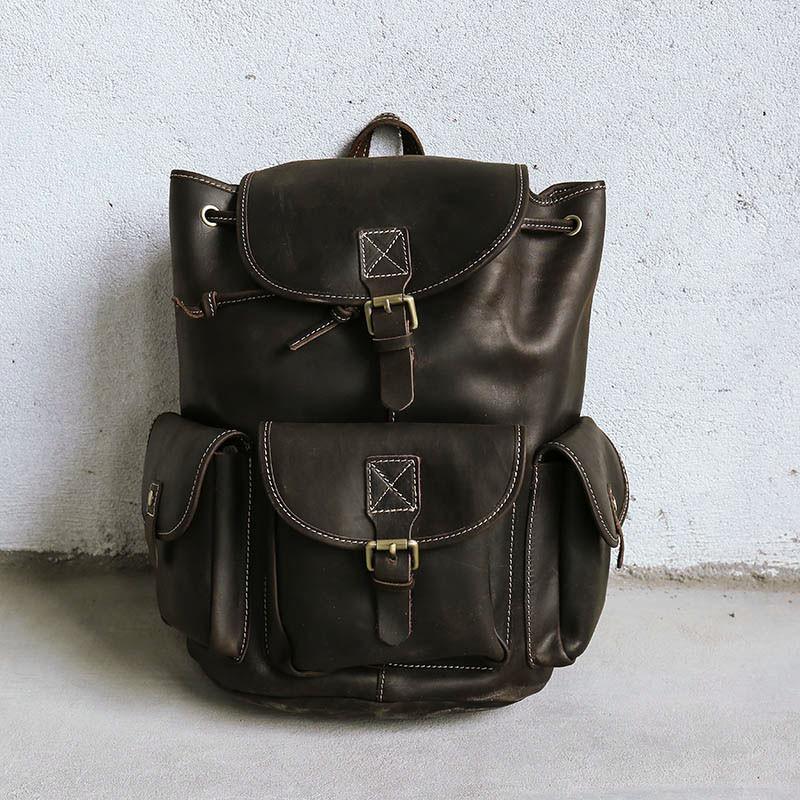 dark brown leather casual women backpack - Omychic