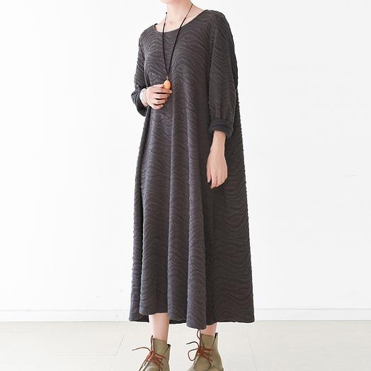 dark gray casual cotton dresses plus size vintage sundress long sleeve maxi dress - Omychic