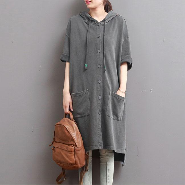 dark gray casual cotton long blouse plus size cardigans embroidery low high coat - Omychic