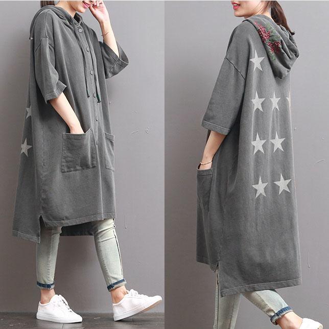 dark gray casual cotton long blouse plus size cardigans embroidery low high coat - Omychic