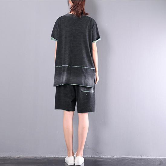 dark gray casual cotton two pieces loose short sleeve tops and hot pants - Omychic