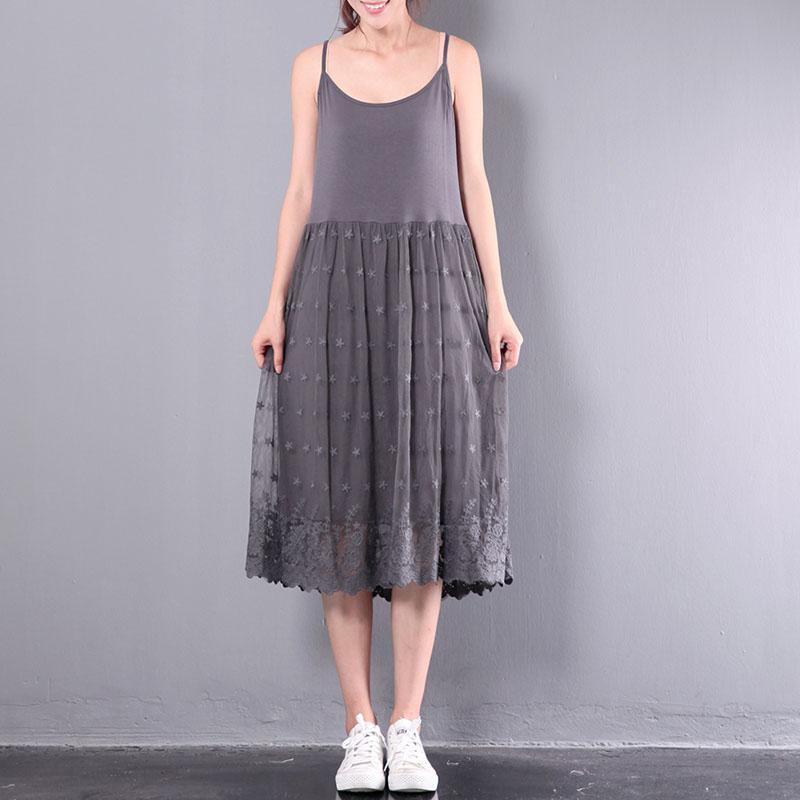 dark gray patchwork cotton sundress oversize casual lace dresses sleeveless layered dresses - Omychic