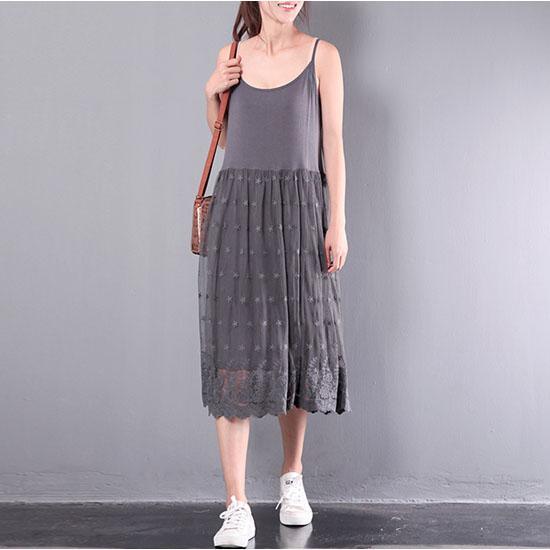 dark gray patchwork cotton sundress oversize casual lace dresses sleeveless layered dresses - Omychic