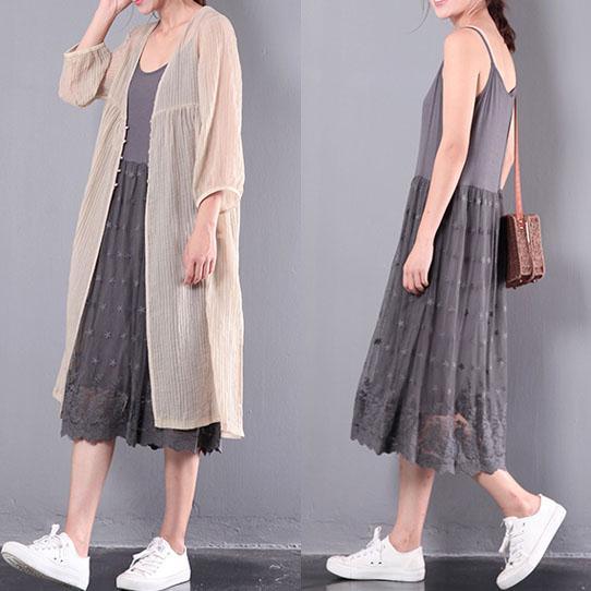 dark gray patchwork cotton sundress oversize casual lace dresses sleeveless layered dresses - Omychic