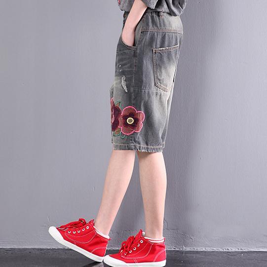 dark gray print cotton shorts women plus size casual jusns - Omychic