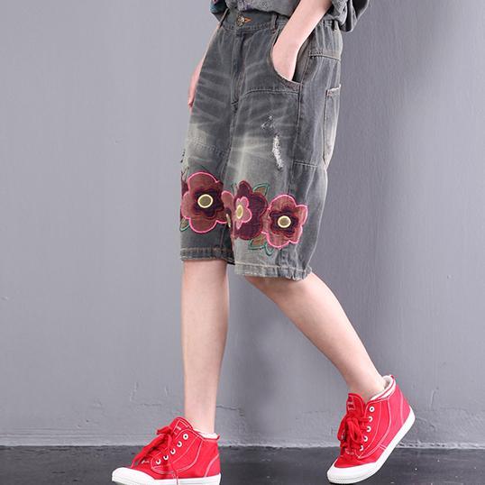 dark gray print cotton shorts women plus size casual jusns - Omychic