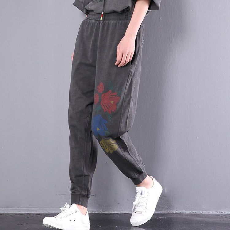 dark gray print cotton trousers casual oversize pants - Omychic