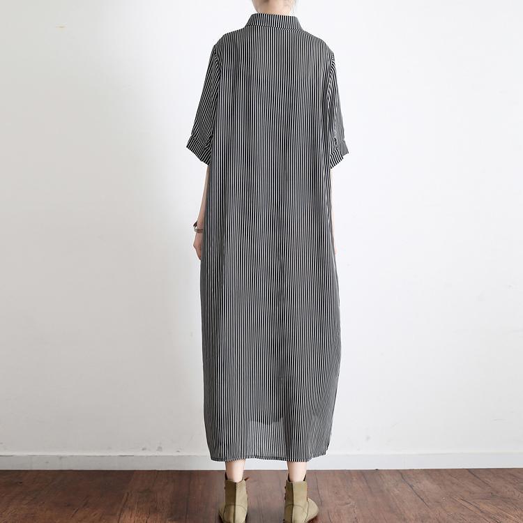dark gray striped linen dresses plus size casual silk sundress short sleeve shirt maxi dress - Omychic