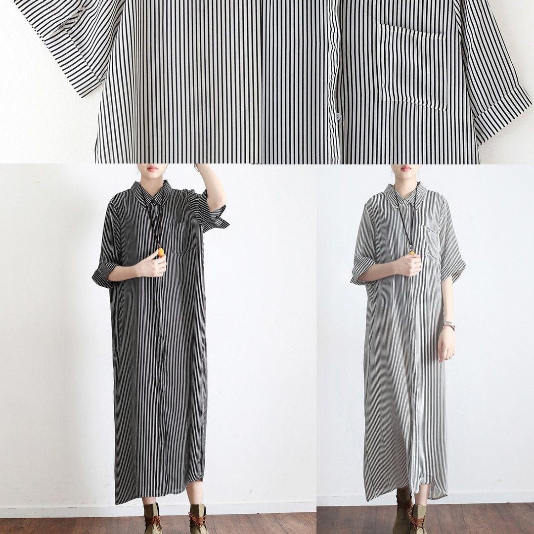 dark gray striped linen dresses plus size casual silk sundress short sleeve shirt maxi dress - Omychic