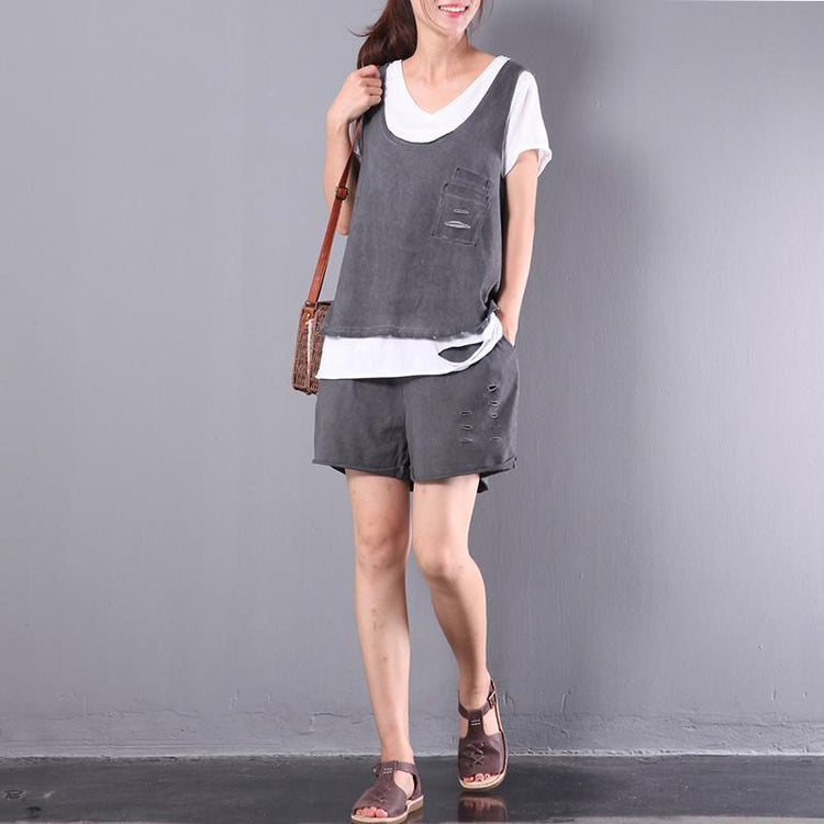 dark gray top and pants three pieces loose cotton blouse casual shorts - Omychic