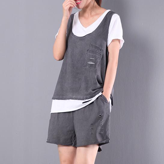 dark gray top and pants three pieces loose cotton blouse casual shorts - Omychic