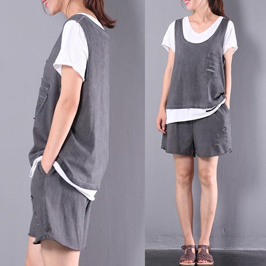 dark gray top and pants three pieces loose cotton blouse casual shorts - Omychic