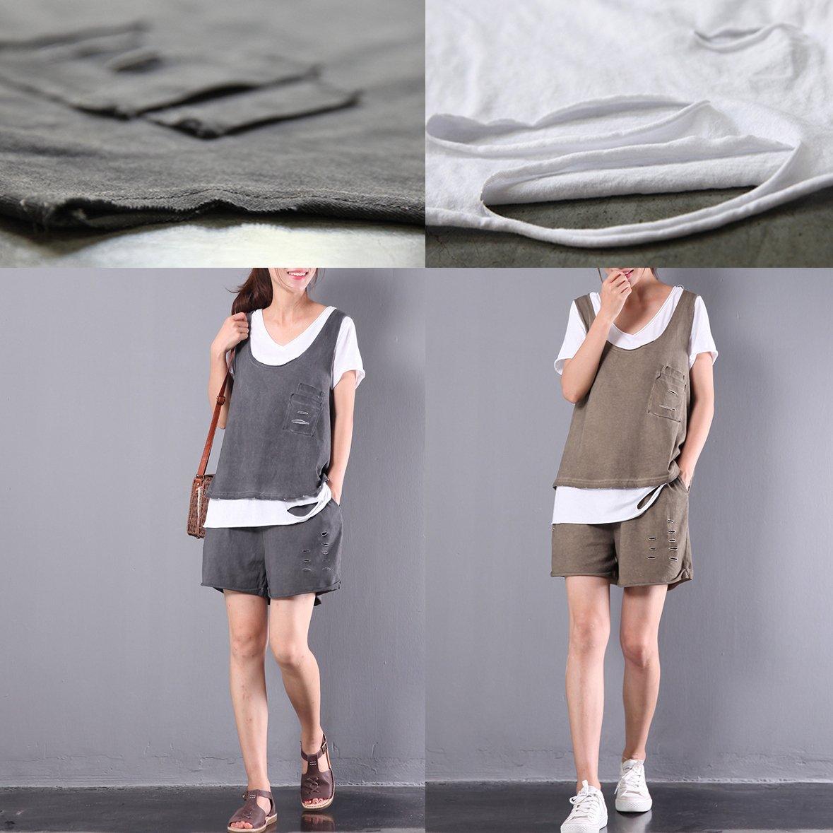 dark gray top and pants three pieces loose cotton blouse casual shorts - Omychic