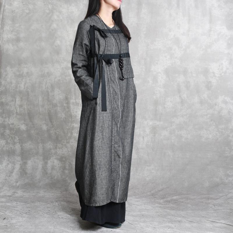 Dark Gray Unique Casual Linen Cardigans Plus Size Asymmetric Drawstring Maxi Coat - Omychic