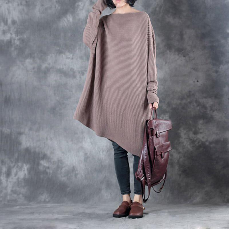 dark khaki casual knit tops plus size cotton asymmetric hem sweater - Omychic