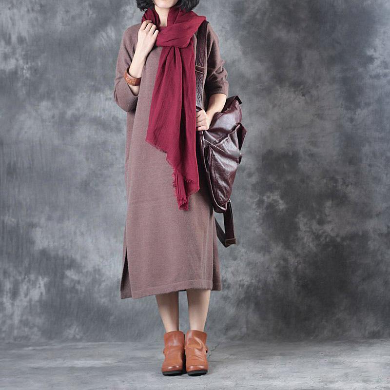 dark pink 2017 autumn winter side open woolen gown plus size casual slim knit dress - Omychic