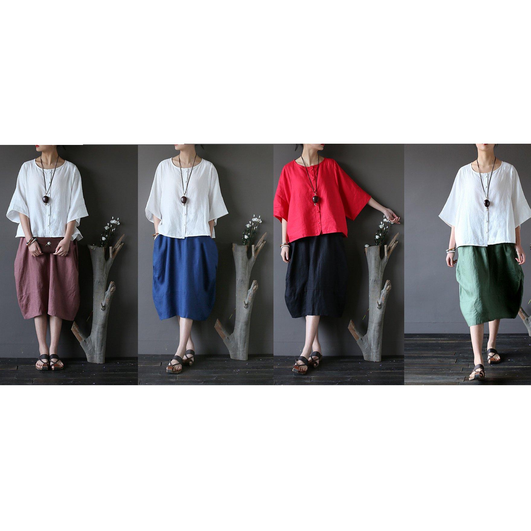 dark pink linen patchwork skirts plus size casual mid skirts - Omychic