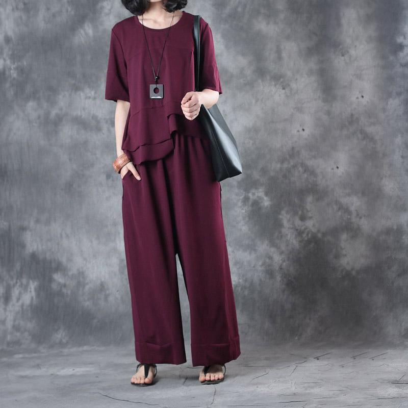 dark purple plus size asymmetric cotton tops casual wide leg pants stylish two pieces - Omychic