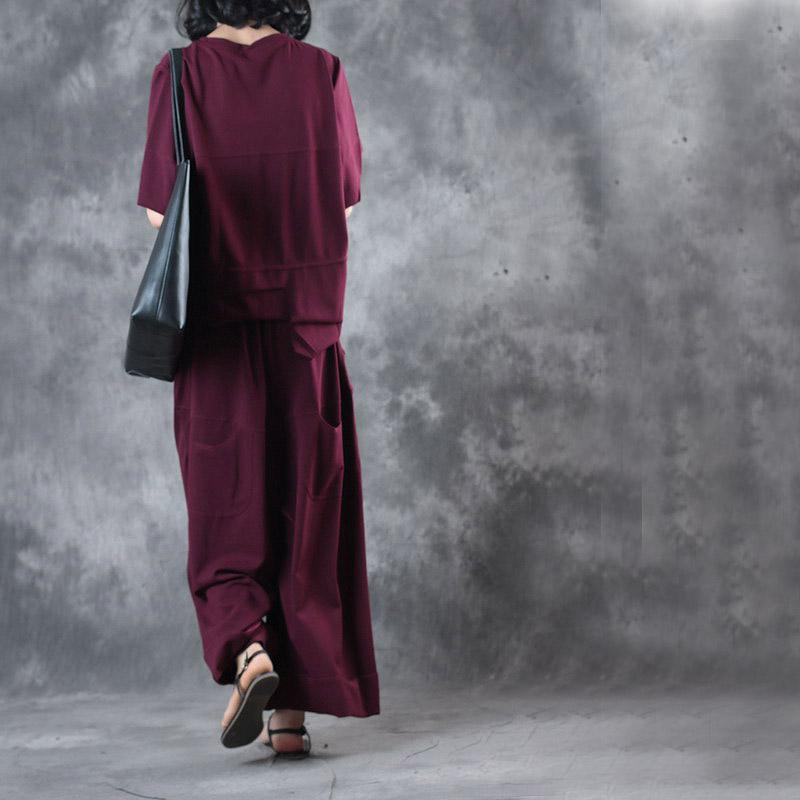 dark purple plus size asymmetric cotton tops casual wide leg pants stylish two pieces - Omychic