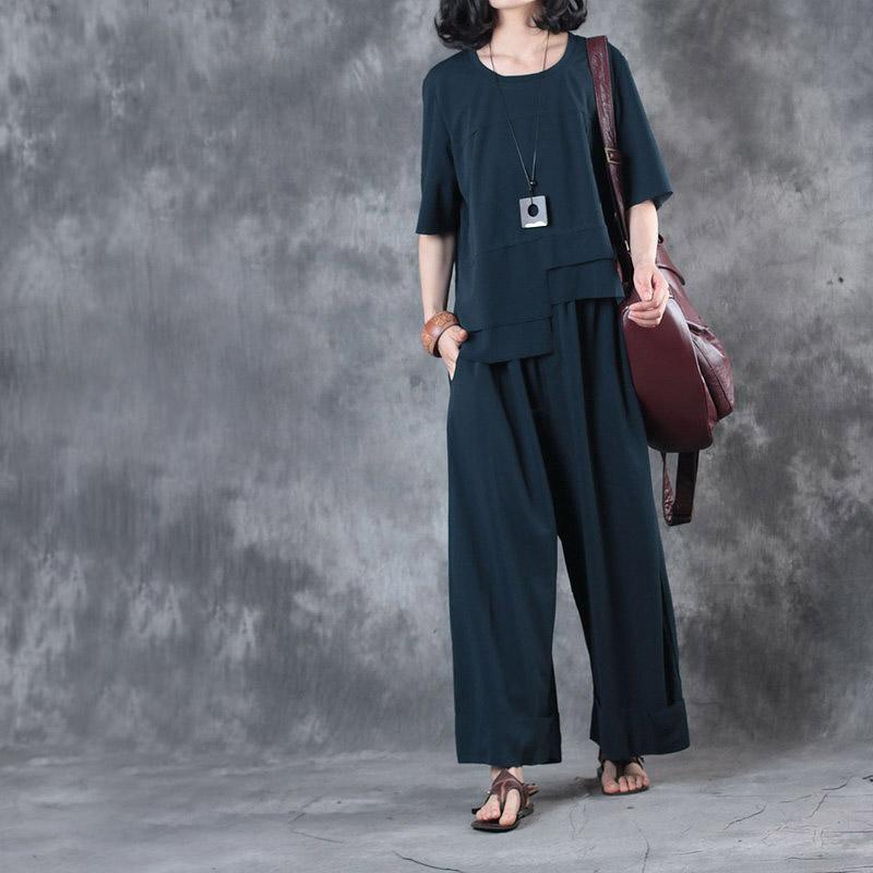 dark purple plus size asymmetric cotton tops casual wide leg pants stylish two pieces - Omychic