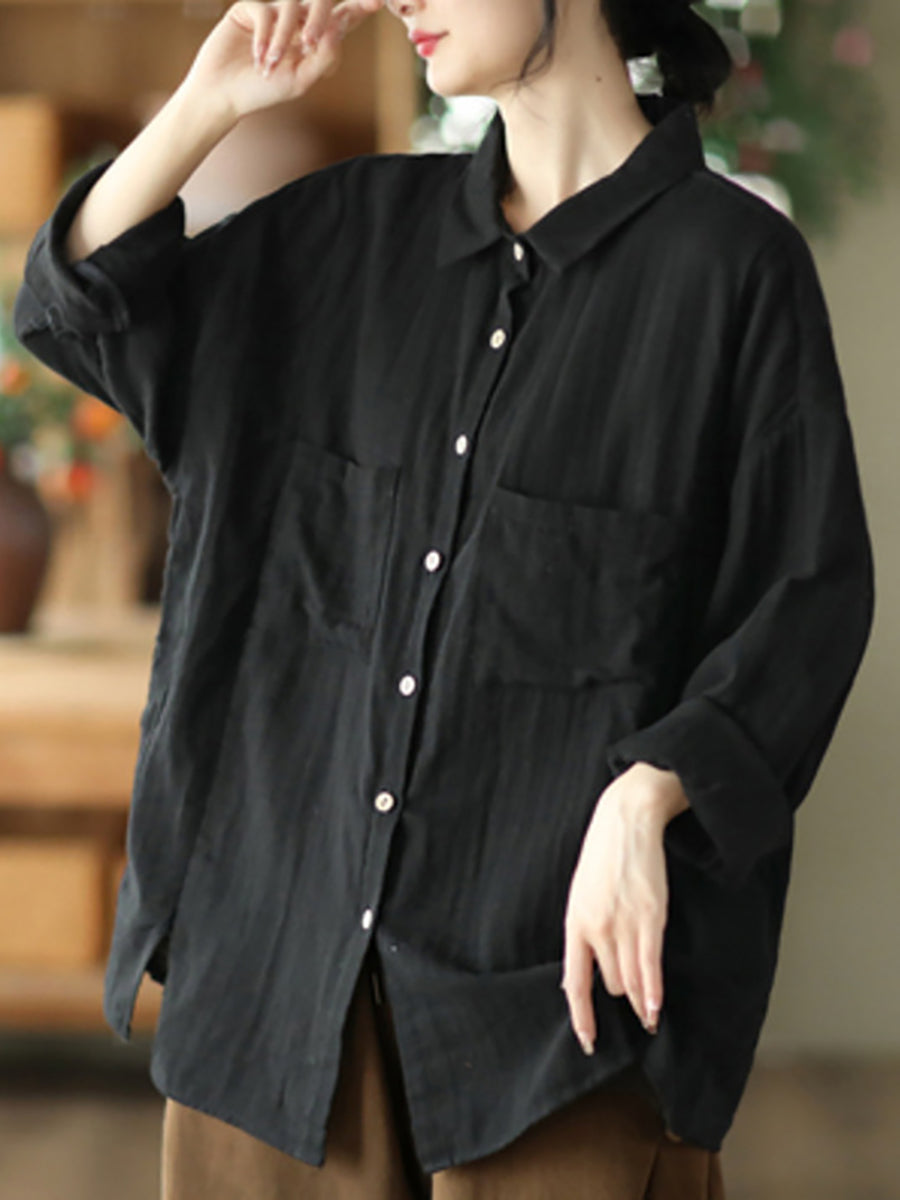 Women Spring Casual Pocket Button Cotton Shirt